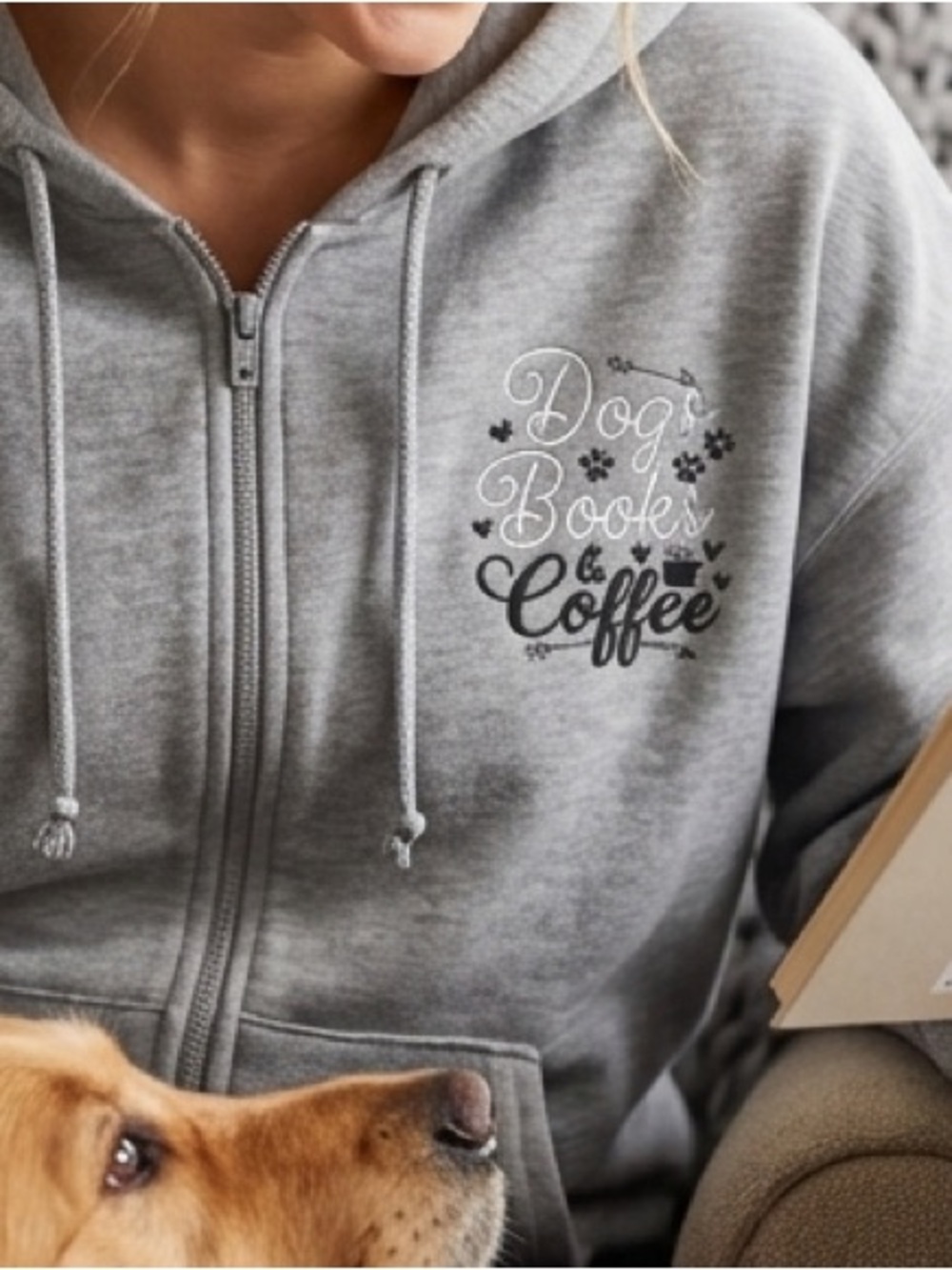 Simply Stitched Dogs, Books and Coffee zip up. Size M/L
